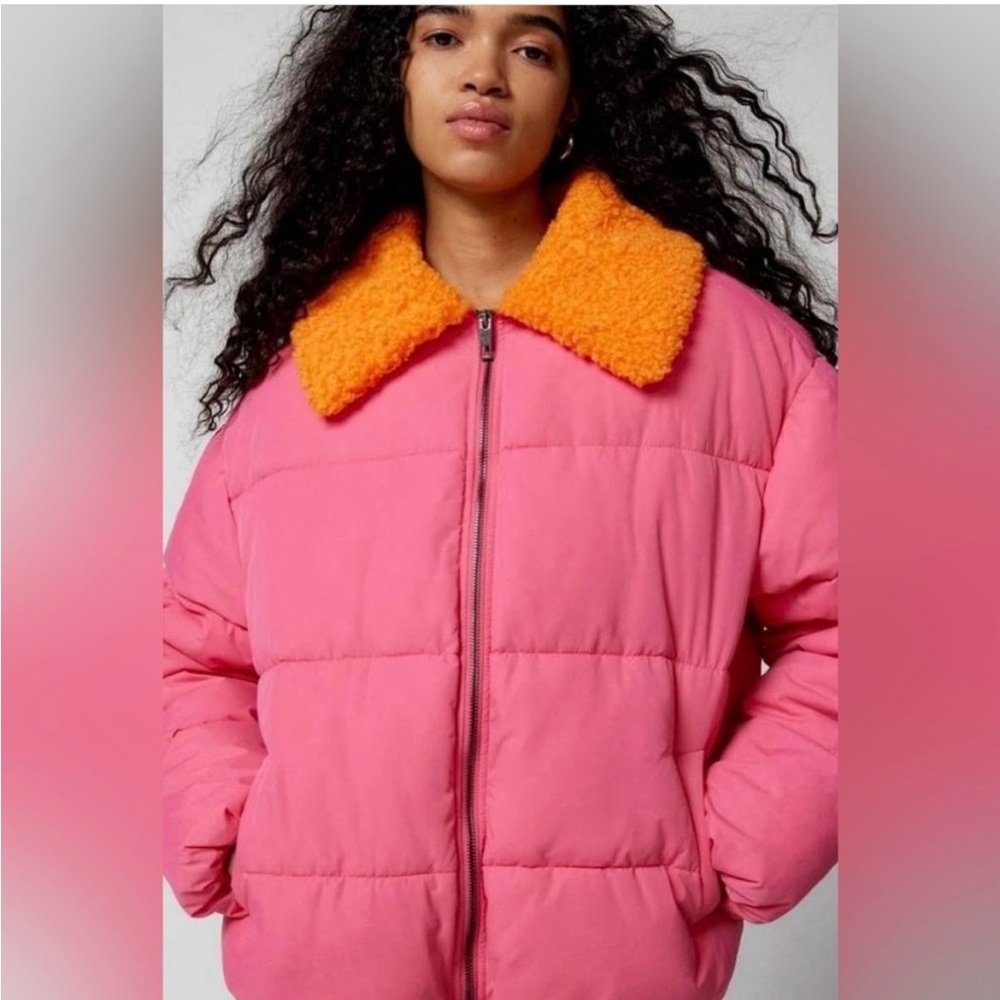 Pink Puffer Jacket with Orange Collar